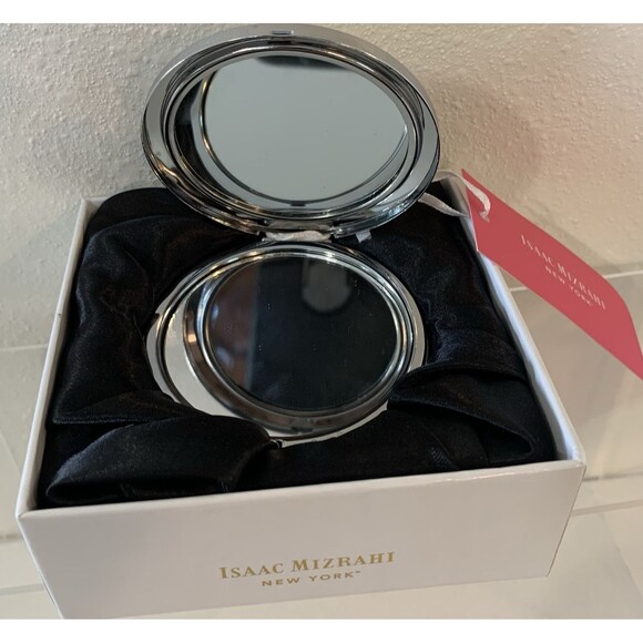 ISAAC MIZRAHI Silver 2D Jeweled Flower Compact Mirror New in Box - Picture 5 of 7